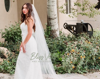 Stunning Chapel Length Angel Cut Veil with Pencil Trim, Ivory Veil, Fingertip Veil, Cascading Veil, Off/Soft White Veil, Floor Veil