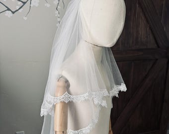 Two Tier First Communion Veil:  Soft Tulle, Scalloped Lace Edge