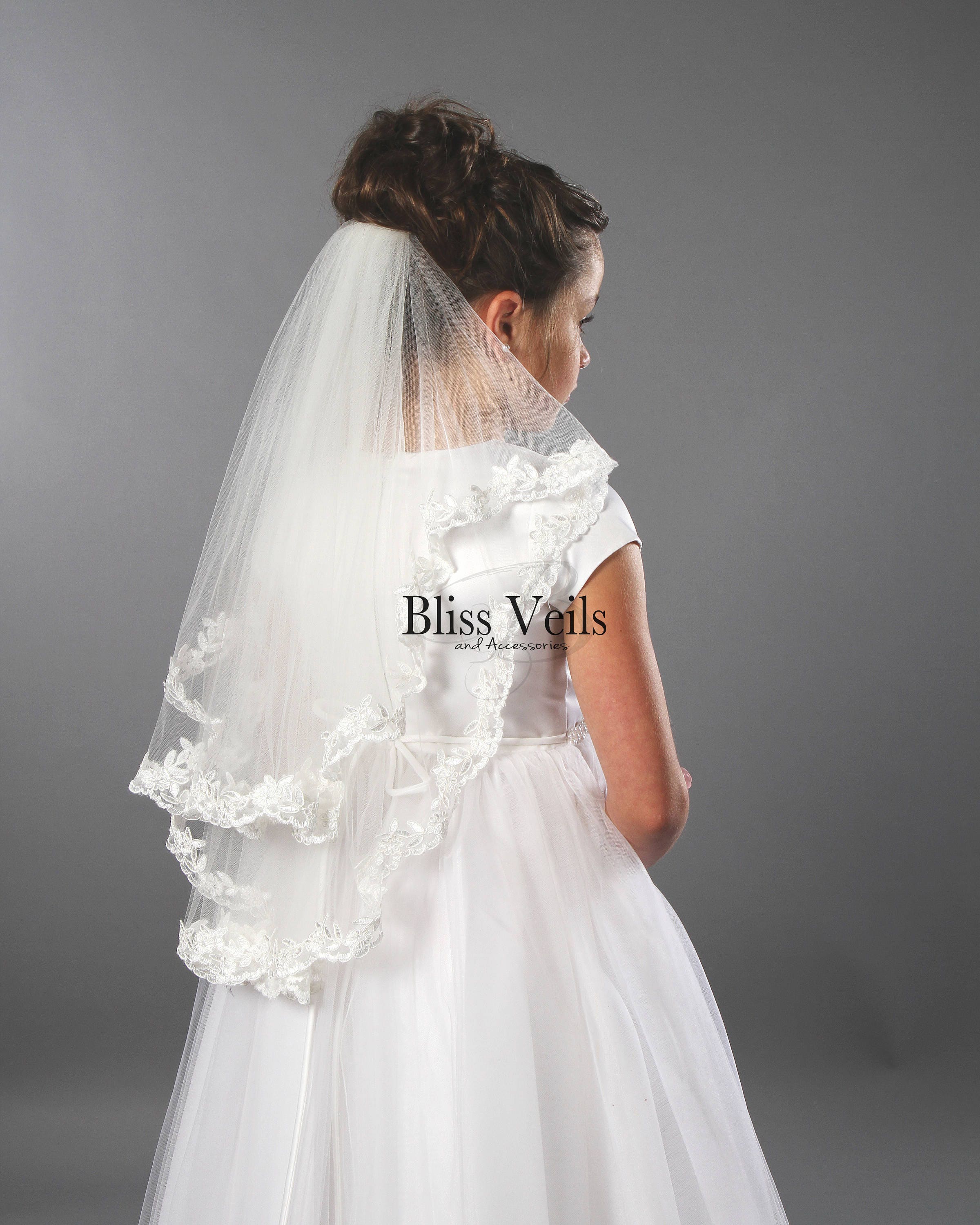 First Communion Veil | Double Tiered | Rossette Accents | Tulle | 24 |  VL212