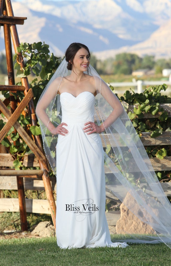 One Blushing Bride Chapel Length Wedding Veil, Simple Raw Edge Bridal Veil, White / Ivory Off White / Diamond / Cathedral Length