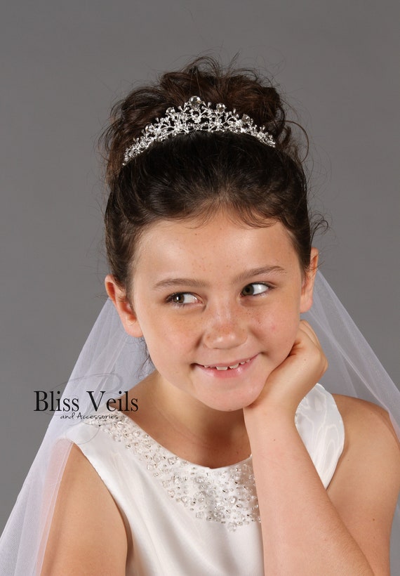 FRCOLOR Girls First Communion Veils Ivory Lace Crown Veil Two Layers Hair Accessory for Wedding Baptism Communion 