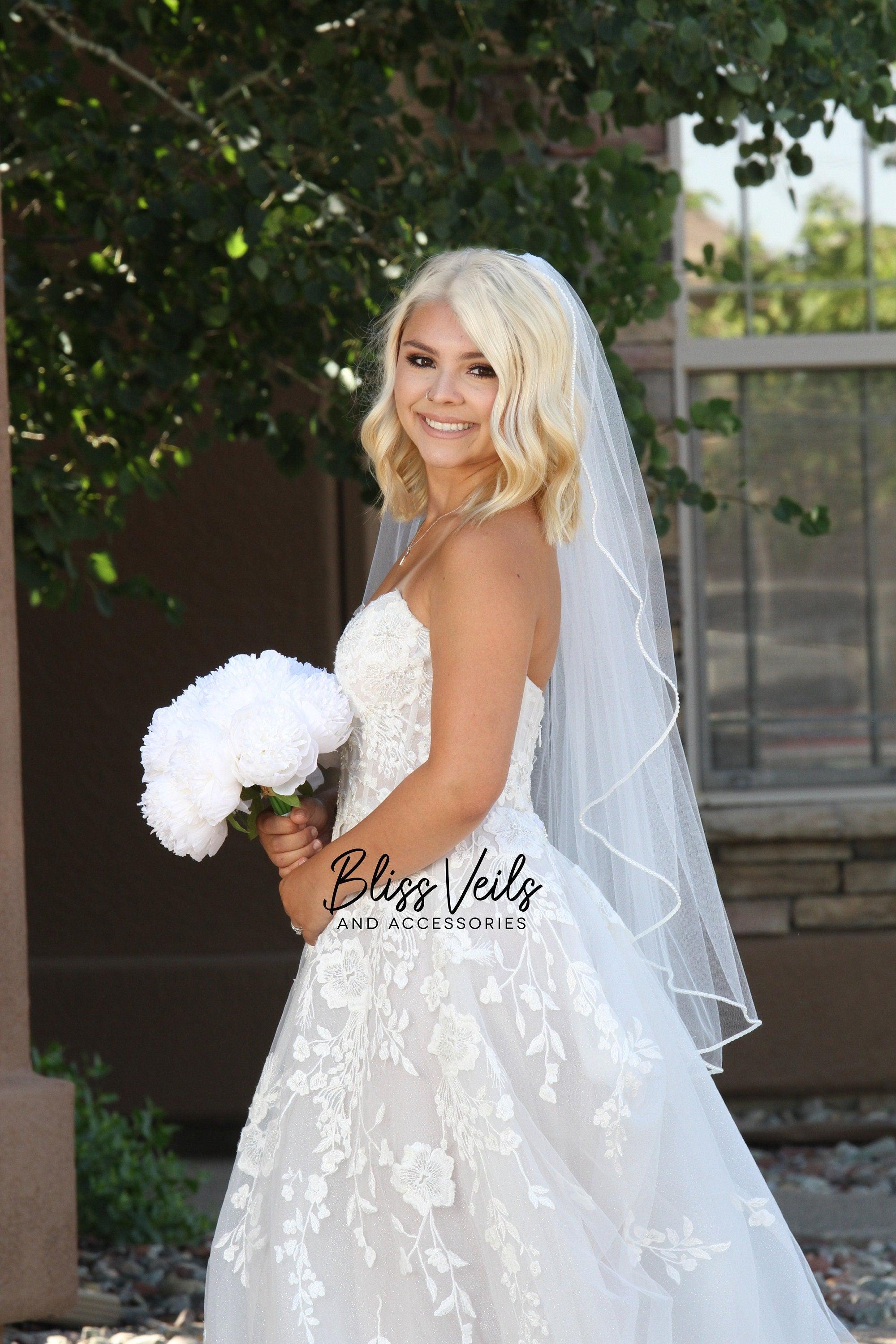 Angel Cut Pearl Edge Wedding Veil, Soft White Veil, Ivory 