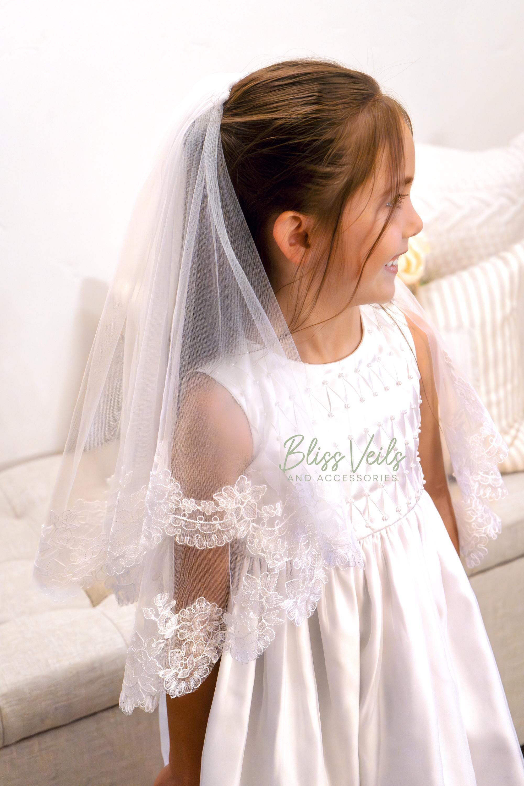 Two-Tier First Communion Veil: Scalloped Lace Edge, Soft Tulle
