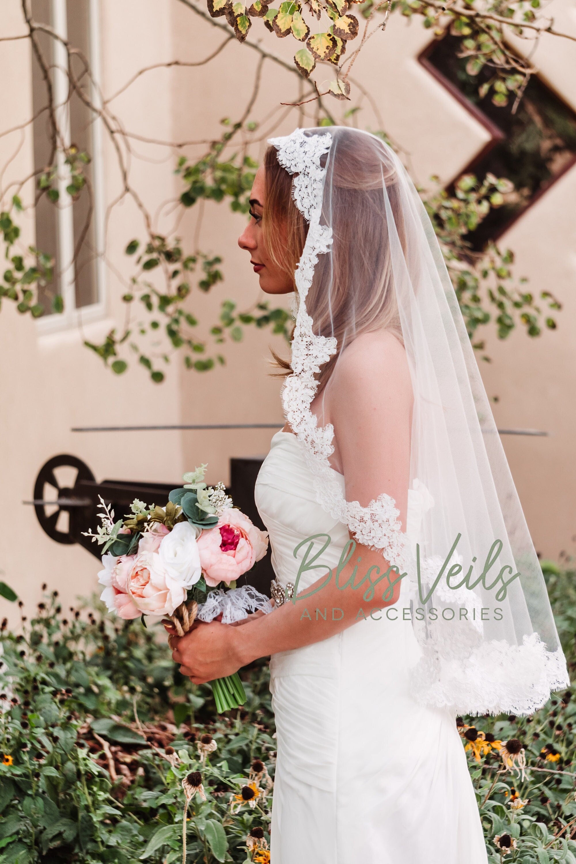Ivory Lace Mantilla Wedding Veil: Fingertip Length, Silver Comb