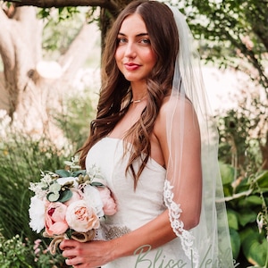 Lace Trim Wedding Veil:  Elegant One Tier Bridal Veil, Ivory or White