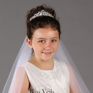First Communion Veil with Crystal Tiara: Two-Layer Raw Edge Tulle