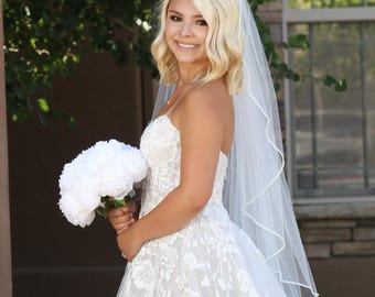 Angel Cut Pearl Edge Wedding Veil, Soft White Veil, Ivory Veil
