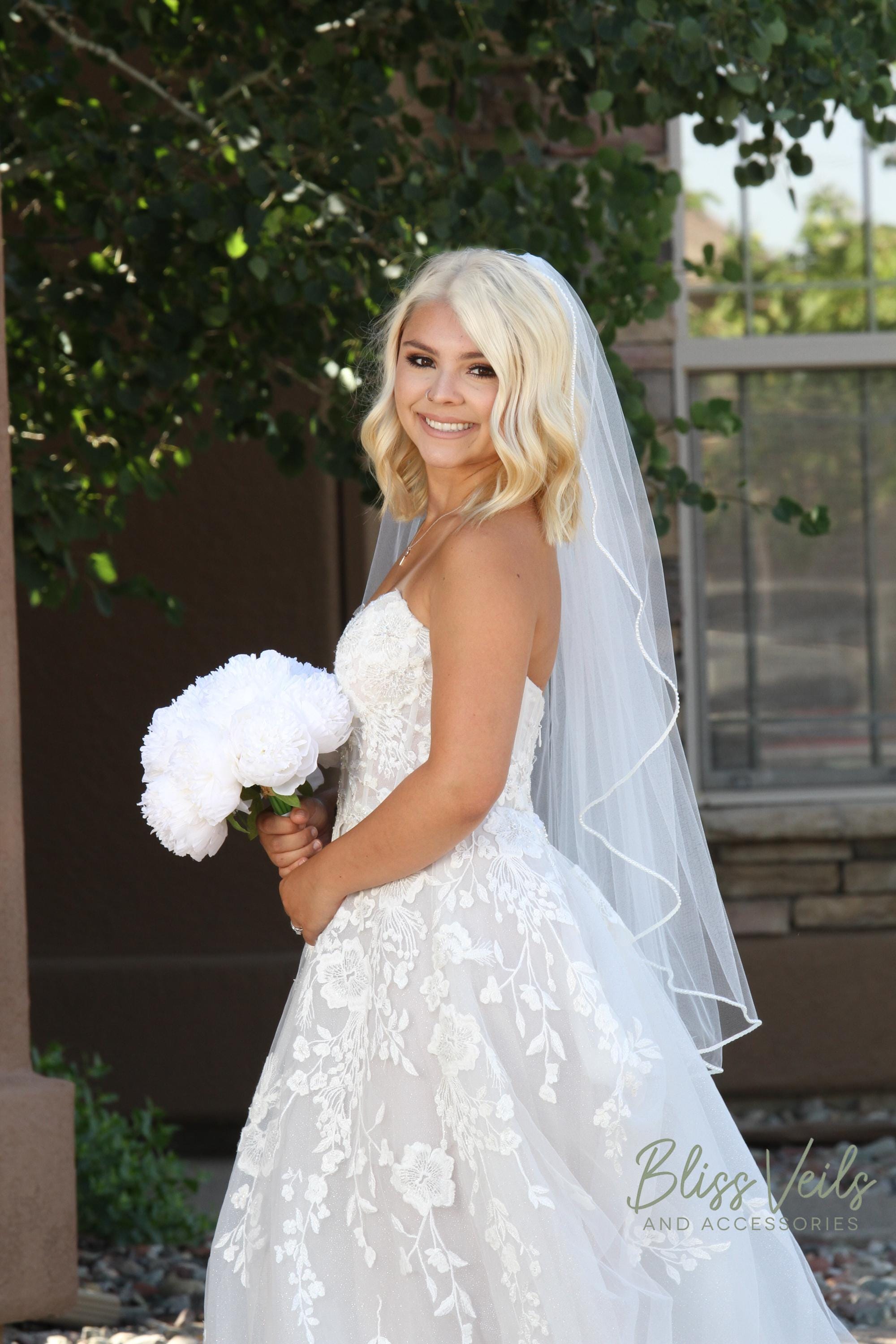 Angel Cut Pearl Edge Wedding Veil, Soft White Veil, Ivory Veil