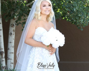 Stunning Waltz Length Angel Cut Veil with Pencil Trim, Ivory Veil, Fingertip Veil, Cascading Veil, Off/Soft White Veil, Floor Veil