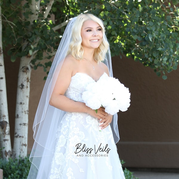 Stunning Waltz Length Angel Cut Veil with Pencil Trim, Ivory Veil, Fingertip Veil, Cascading Veil, Off/Soft White Veil, Floor Veil