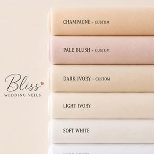 May include: A color chart for wedding veils labeled VEIL COLOR OPTIONS and Bliss WEDDING VEILS. It displays six stacked fabric swatches in shades of champagne, pale blush, dark ivory, light ivory, soft white, and pure white, each with its name printed.