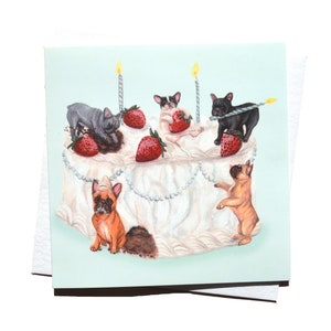 Französische Bulldogge Geburtstags-Erdbeercreme-Torte - Frenchie Geburtstagskarte - Hundefeier-Karte lustige Bulldogge Karte - Illustrations-Karte
