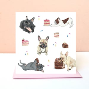 French Bulldog Party Card Frenchie birthday card Dog celebration card Funny bulldog cake eating Illustration greetings dog lover card image 2