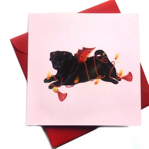 Carte humoristique Devil Pug - Carte de voeux illustrée d'amour de carlin noir