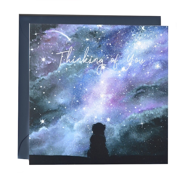 Thinking of You Dog Greetings Card- Missing You Sympathy- Pet Loss- Dog loss Sympathy Card- Galaxy starry night sky illustrated painting