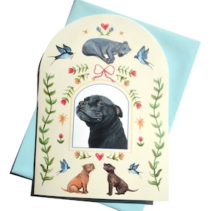 Staffordshire Bullterrier Grußkarten - Staffie illustrierte Geburtstagskarte - Staffy Blank Bogenform Kunstkarte - Blauer Umschlag