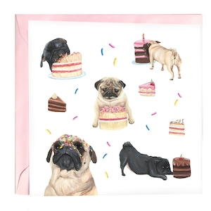 Carte de gâteau d'anniversaire carlin - carte de célébration de chien carte carlin drôle - illustration de carlin fauve et noir carte d'amour carte de voeux carlin mangeant