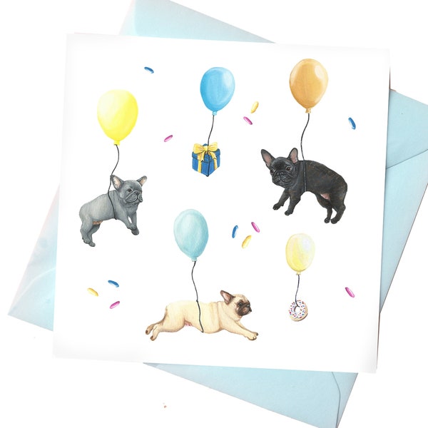 French Bulldog Party Card -Frenchie birthday card -Dog celebration card funny bulldog card - illustration greetings pug love card dog lover