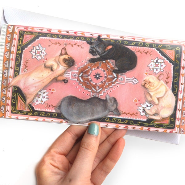 French Bulldog Scandi rug greetings card- Frenchie Home decor card- Aztec Scandi frenchie Illustration greetings dog