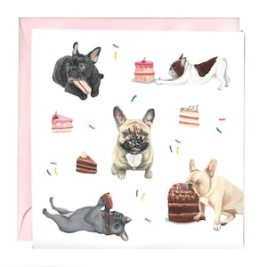 French Bulldog Party Card Frenchie birthday card Dog celebration card Funny bulldog cake eating Illustration greetings dog lover card image 1