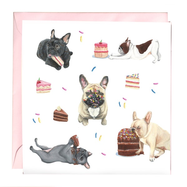 French Bulldog Party Card -Frenchie birthday card - Dog celebration card - Funny bulldog cake eating Illustration greetings dog lover card