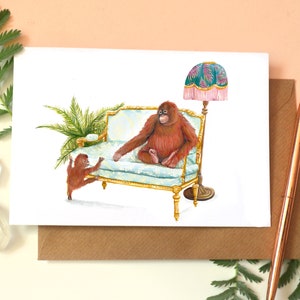 Orang Utan & Baby Grußkarten - Aller Anlass Handgemalte illustrierte Geburtstagskarte - Lustige Orang Utan Vintage Möbel recycelte Karte
