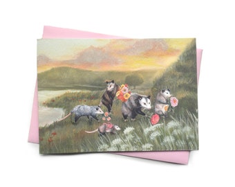 Possum Happy Birthday card | Opossum Birthday greetings card | Hand-illustrated Unique artisan cute card.