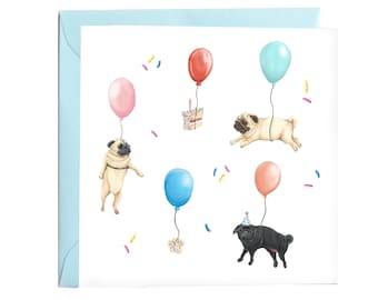 Pug Birthday Ballon Card - Fawn and black Pugs illustrated Blank Greetings Card- Blue envelope