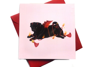 Devil Pug humorous card- Black pug love illustrated greetings card