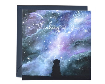 Thinking of You Dog Greetings Card- Missing You Sympathy- Pet Loss- Dog loss Sympathy Card- Galaxy starry night sky illustrated painting