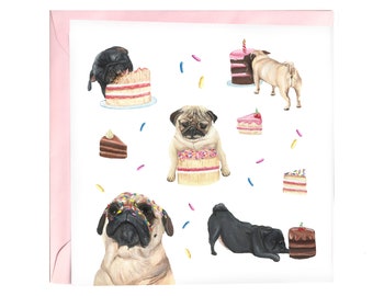 Pug Birthday Cake Card - Dog celebration card funny pug card- Fawn and black pug illustration love card greetings card pug eating