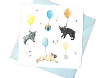 French Bulldog Party Card -Frenchie birthday card -Dog celebration card funny bulldog card - illustration greetings pug love card dog lover