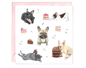 French Bulldog Party Card -Frenchie birthday card - Dog celebration card - Funny bulldog cake eating Illustration greetings dog lover card