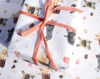 French Bulldog Wrapping paper - 2x Funny French bulldog Sheets Gift Wrap - Birthday frenchie Gift Paper ~ Cute Pastel Giftwrap