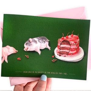 "Lustige Schwein Karte - ""Unsere Liebe ist so süß wie das i-Tüpfelchen ....Because Paare, die zusammen essen, bleiben süß zusammen"" Karte."