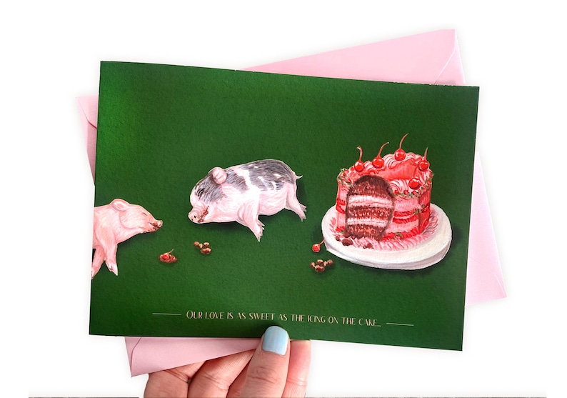 Funny Pig anniversary Card Our love is as sweet as the icing on the cake....Because couples that eat together, stay sweet together card image 1