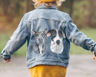 Veste en jean personnalisée portrait d'animal de compagnie pour enfant - veste en jean pour enfants vintage peinte à la main - peinture à partir d'un motif animal peint personnalisé photo