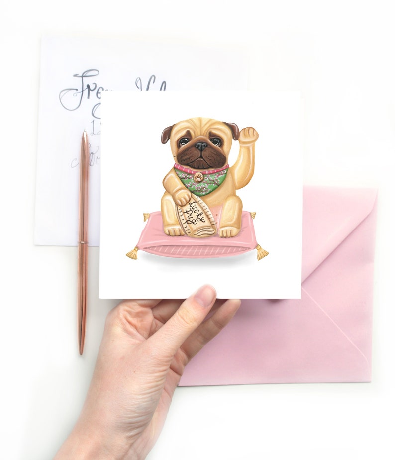 Encouraging Card Wishing Luck Kawaii Maneki Neko New Job Good Luck Pug Card Lucky Pug Blank Greetings Card Japanese Lucky Waving Cat Dog