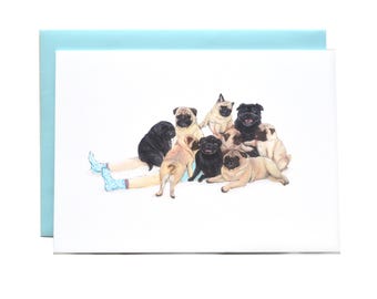 Funny Pug Pile Greetings Card: Hand-Painted Anti-Depression Art