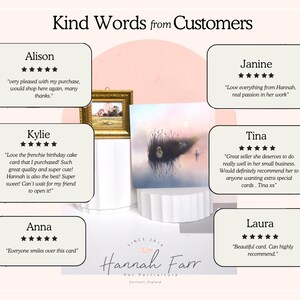 May include: A graphic display titled Kind Words from Customers featuring six five-star reviews from Alison, Janine, Kylie, Tina, Anna, and Laura. The center shows a framed landscape painting and a print of a duck on water, with Hannah Farr branding.