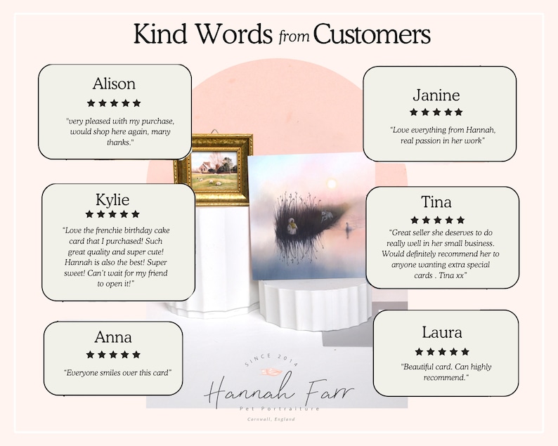 May include: A graphic display titled Kind Words from Customers featuring six five-star reviews from Alison, Janine, Kylie, Tina, Anna, and Laura. The center shows a framed landscape painting and a print of a duck on water, with Hannah Farr branding.