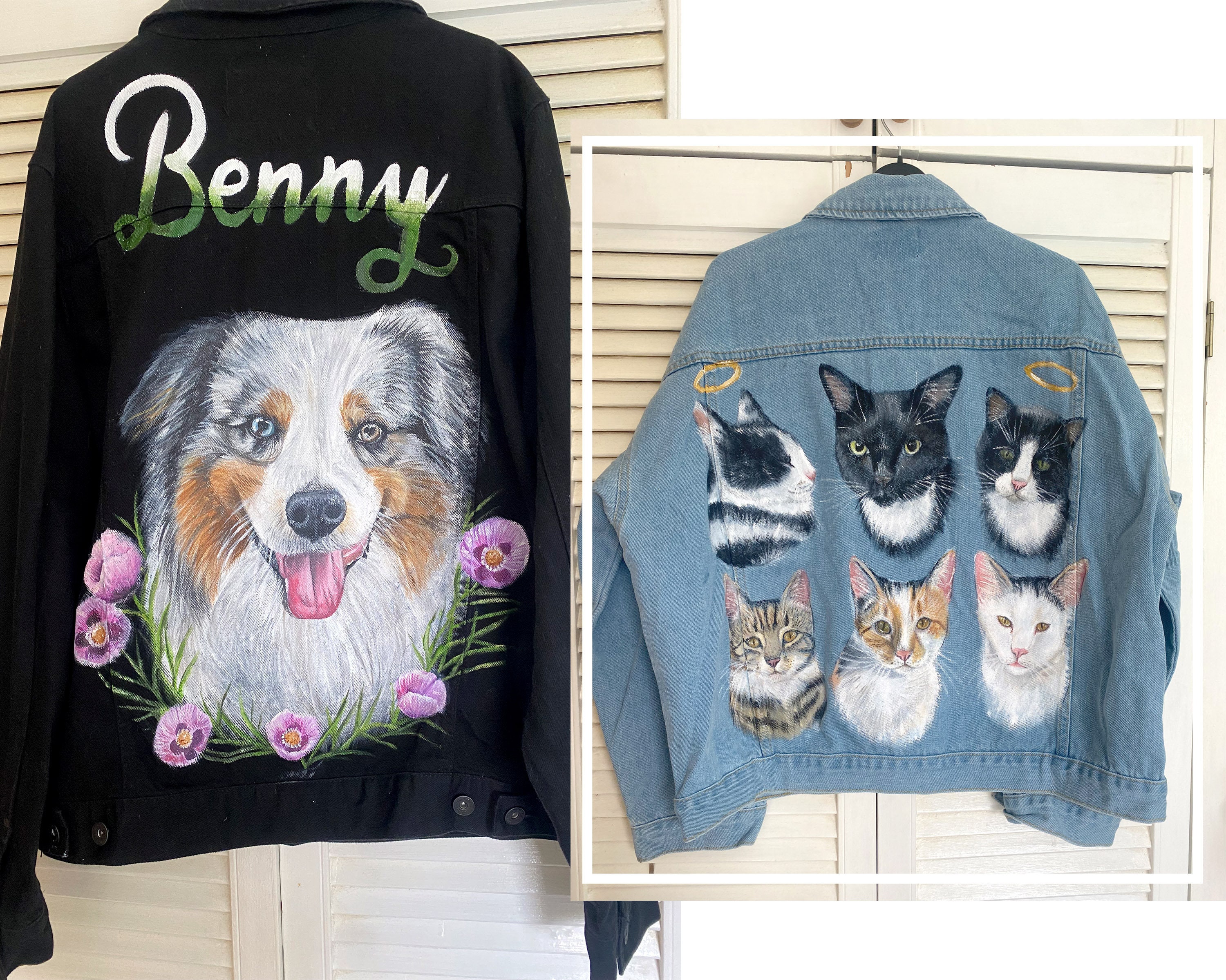 Pet Portrait Custom Denim Jacket- Hand-Painted vintage Adult denim jean Jacket- Paint from photo personalised painted pet design