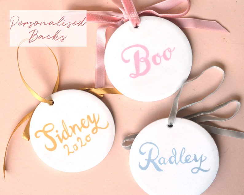 Custom Hand Painted Custom Ornament Personalised Bespoke Ceramic Pet bauble Pet Loss Memorial gift Holiday season Home Decor Heirloom Blush Pink Velvet