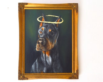 Pintura al óleo original- Pintado a mano por Hannah Farr- Retrato de mascota al óleo Doberman enmarcado en oro vintage