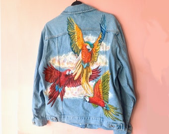 Macaw Parrot Hand-Painted Denim Jacket - Unique Oversized bespoke Parrot denim jacket - Perfect for Parrot Enthusiast