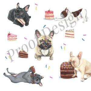 May include: A collection of watercolor illustrations featuring French Bulldogs in various poses with cakes and colorful sprinkles. The dogs are depicted in black, fawn, and white colors, interacting with slices of cake and whole cakes.