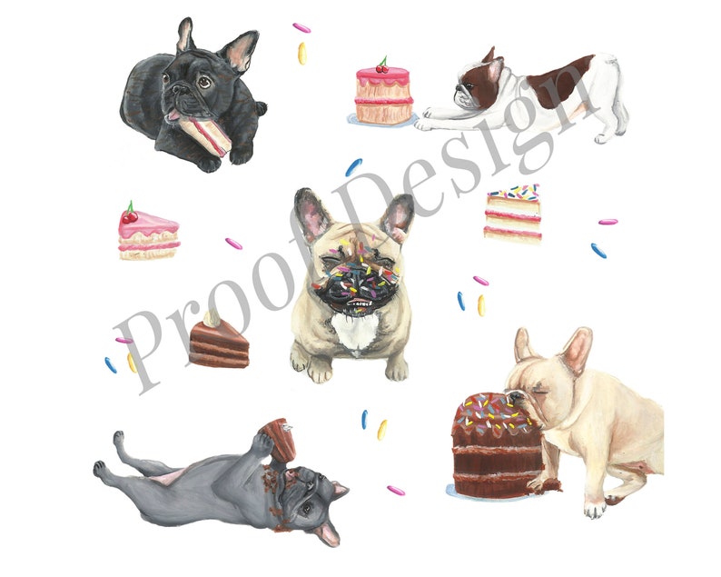May include: A collection of watercolor illustrations featuring French Bulldogs in various poses with cakes and colorful sprinkles. The dogs are depicted in black, fawn, and white colors, interacting with slices of cake and whole cakes.