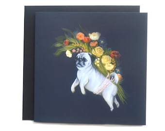 Floral Pug greetings card- Dark Flowers pug love illustrated greetings card- Dog Mom Card