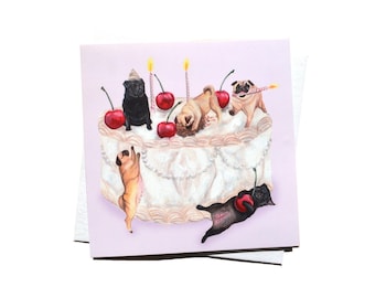 Mops Geburtstagskarte: Sahnetörtchen, Rehkitz & Mops Illustration