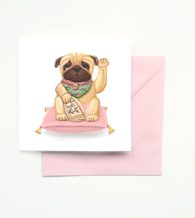Encouraging Card Wishing Luck Kawaii Maneki Neko New Job Good Luck Pug Card Lucky Pug Blank Greetings Card Japanese Lucky Waving Cat Dog